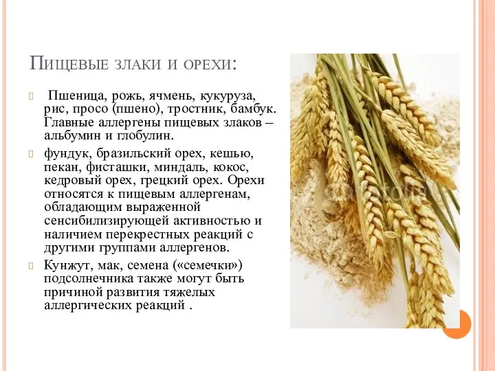 Пищевые злаки и орехи: Пшеница, рожь, ячмень, кукуруза, рис, просо