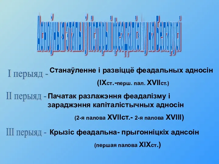 Асноўныя этапы ў гiсторыi феадалiзму на Беларусi II перыяд -