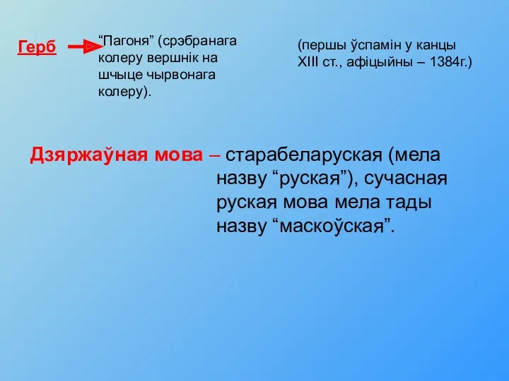 Дзяржаўная мова – старабеларуская (мела назву “руская”), сучасная руская мова мела тады назву “маскоўская”.