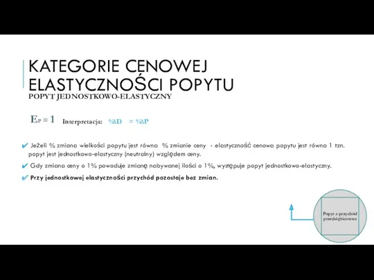 KATEGORIE CENOWEJ ELASTYCZNOŚCI POPYTU POPYT JEDNOSTKOWO-ELASTYCZNY EP = 1 D