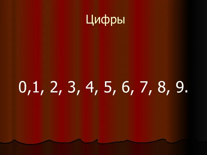 Цифры 0,1, 2, 3, 4, 5, 6, 7, 8, 9.