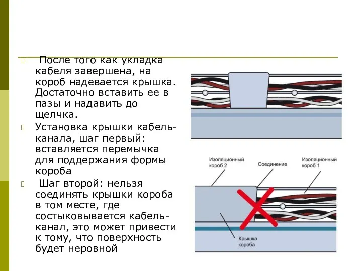 После того как укладка кабеля завершена, на короб надевается крышка.