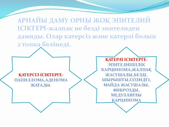 АРНАЙЫ ДАМУ ОРНЫ ЖОҚ ЭПИТЕЛИЙ ІСІКТЕРІ-жалпақ не безді эпителиден дамиды.