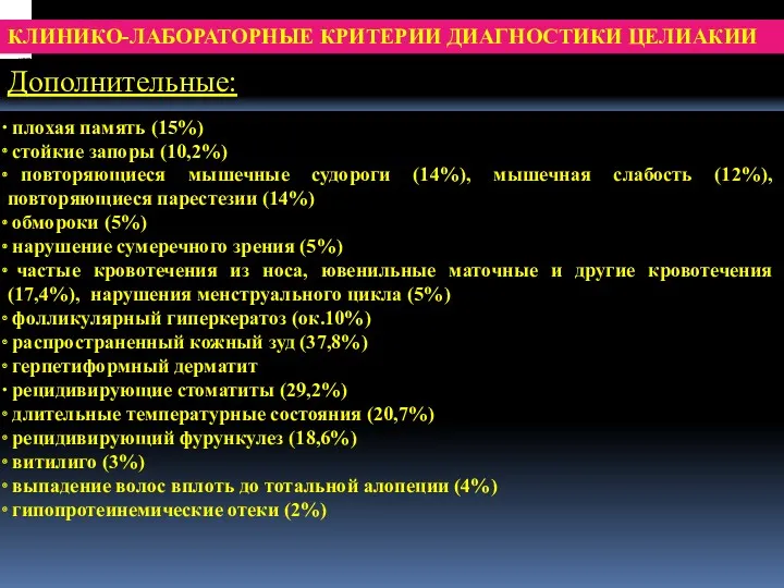 КЛИНИКО-ЛАБОРАТОРНЫЕ КРИТЕРИИ ДИАГНОСТИКИ ЦЕЛИАКИИ Дополнительные: плохая память (15%) стойкие запоры