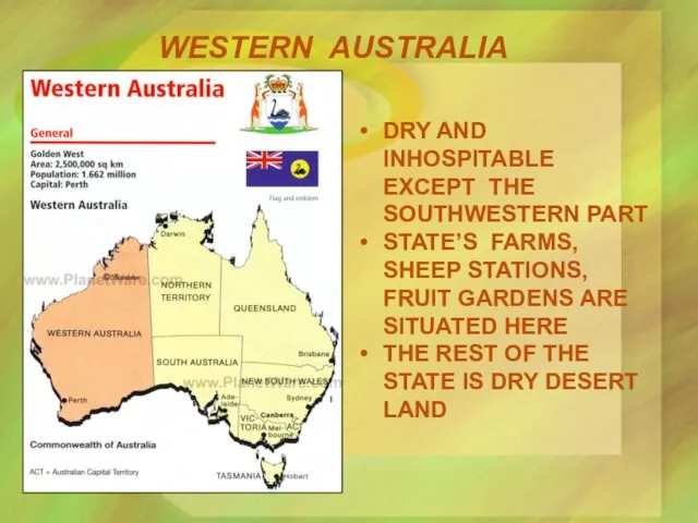 WESTERN AUSTRALIA DRY AND INHOSPITABLE EXCEPT THE SOUTHWESTERN PART STATE’S FARMS, SHEEP STATIONS,