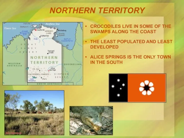 NORTHERN TERRITORY CROCODILES LIVE IN SOME OF THE SWAMPS ALONG THE COAST THE