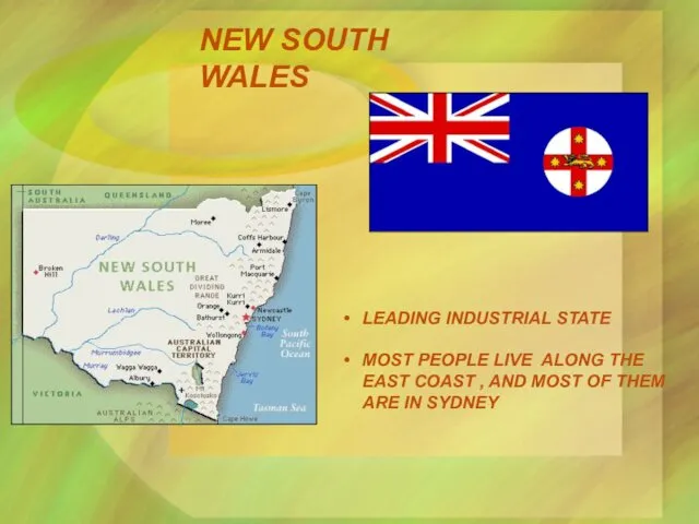 NEW SOUTH WALES LEADING INDUSTRIAL STATE MOST PEOPLE LIVE ALONG THE EAST COAST
