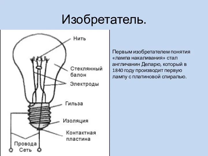 Изобретатель. Первым изобретателем понятия «лампа накаливания» стал англичанин Деларю, который