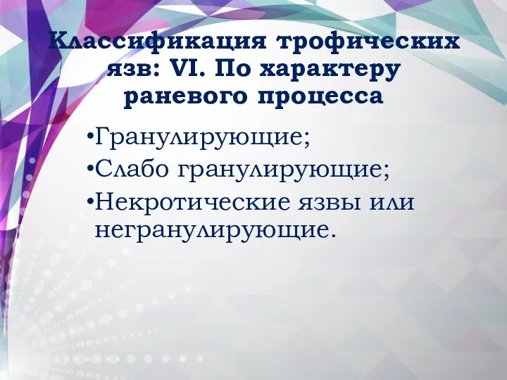 Классификация трофических язв: VI. По характеру раневого процесса Гранулирующие; Слабо гранулирующие; Некротические язвы или негранулирующие.