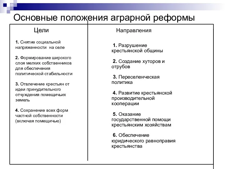 Основные положения аграрной реформы Цели 1. Разрушение крестьянской общины 2.