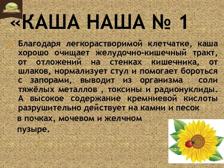 «КАША НАША № 1 Благодаря легкорастворимой клетчатке, каша хорошо очищает