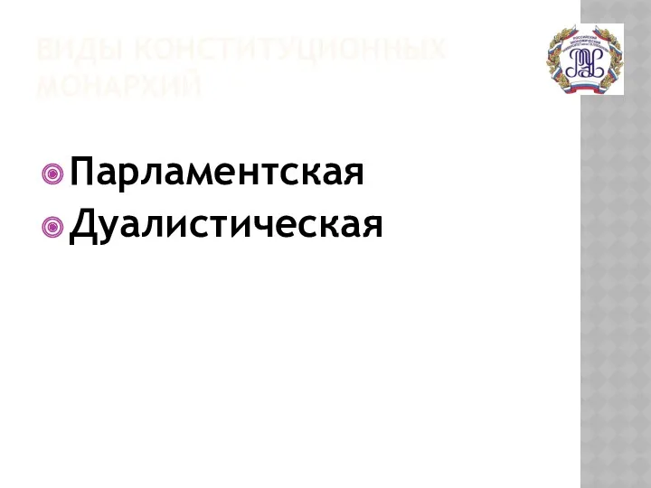 ВИДЫ КОНСТИТУЦИОННЫХ МОНАРХИЙ Парламентская Дуалистическая