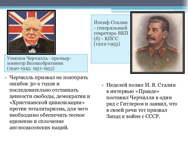 Уинстон Черчилль - премьер-министр Великобритании (1940-1945; 1951-1955) Иосиф Сталин -