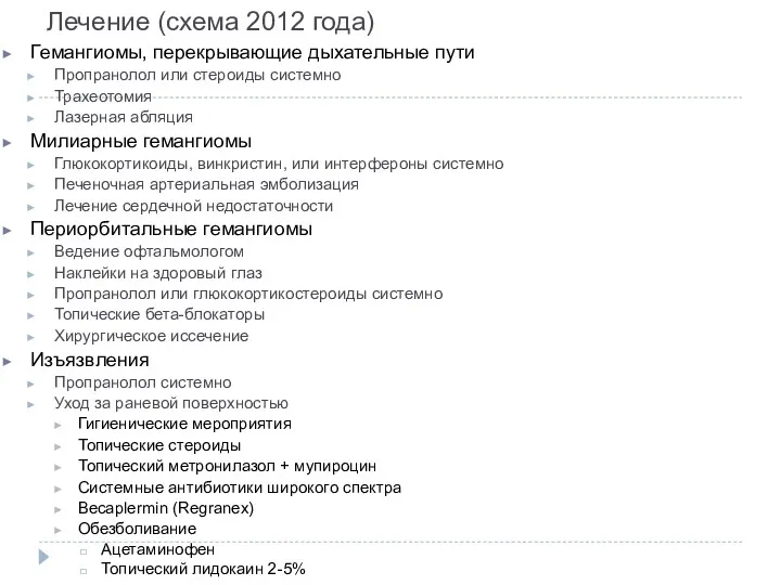 Лечение (cхема 2012 года) Гемангиомы, перекрывающие дыхательные пути Пропранолол или