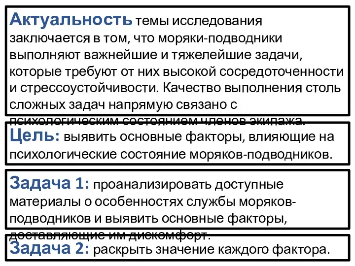 Актуальность темы исследования заключается в том, что моряки-подводники выполняют важнейшие