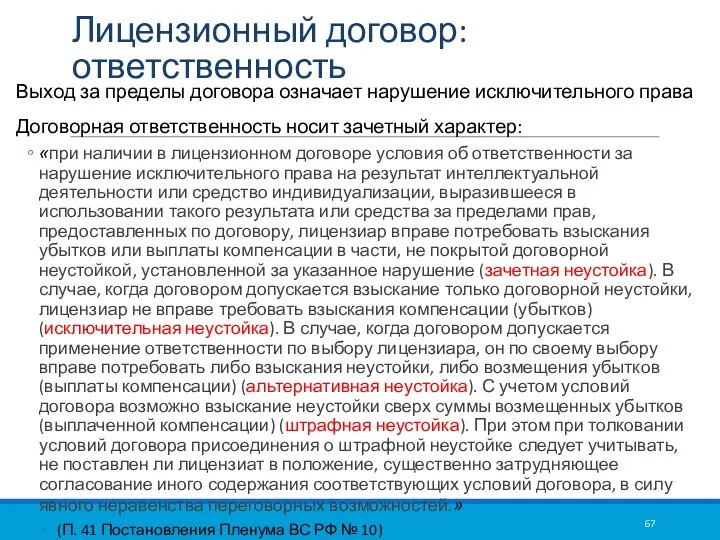 Лицензионный договор: ответственность Выход за пределы договора означает нарушение исключительного