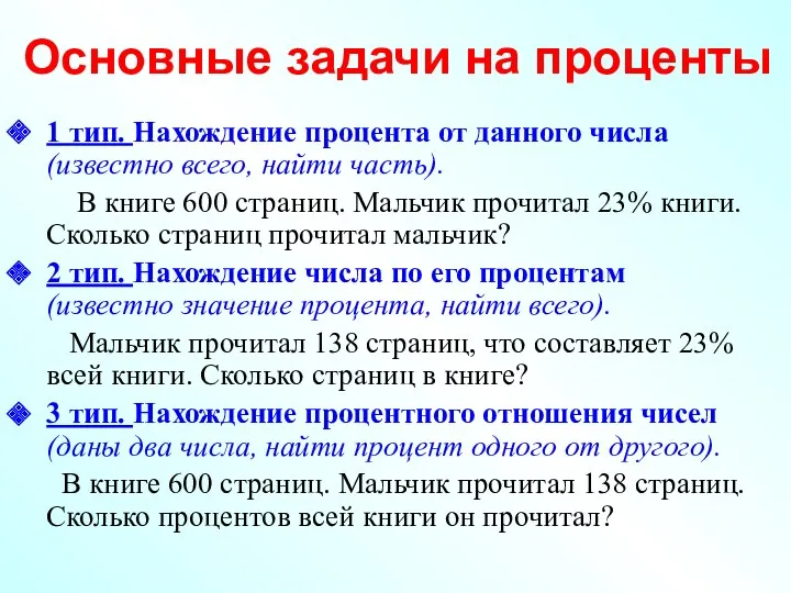 Основные задачи на проценты 1 тип. Нахождение процента от данного числа (известно всего,