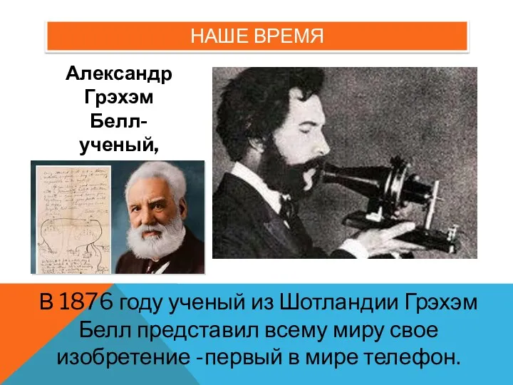 НАШЕ ВРЕМЯ В 1876 году ученый из Шотландии Грэхэм Белл