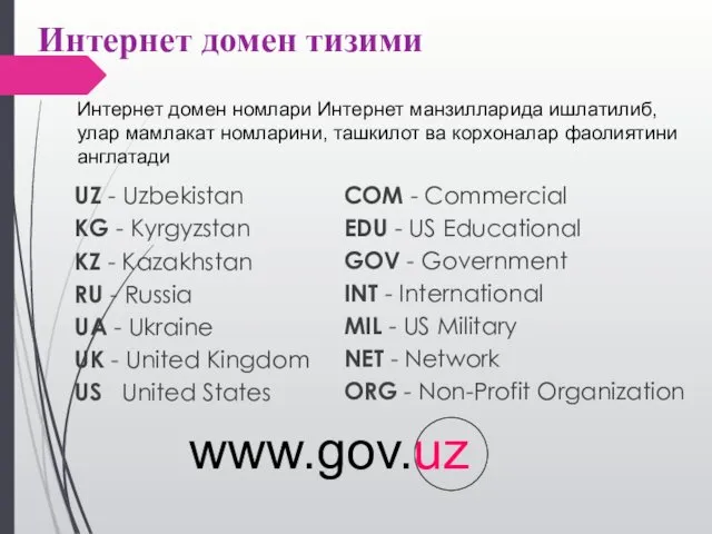 Интернет домен тизими UZ - Uzbekistan KG - Kyrgyzstan KZ