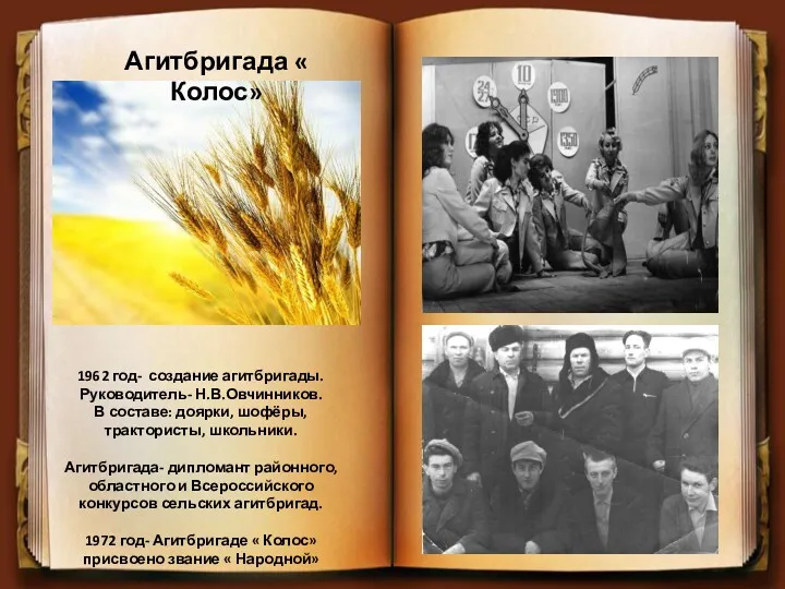 Агитбригада « Колос» 1962 год- создание агитбригады. Руководитель- Н.В.Овчинников. В