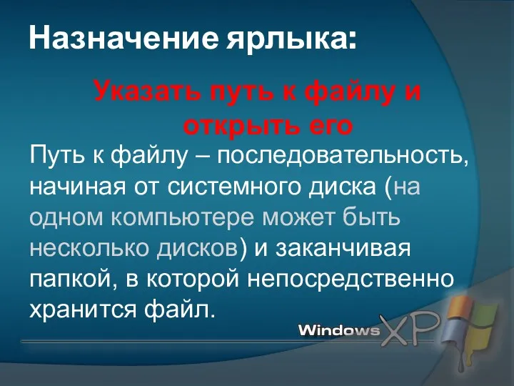 Назначение ярлыка: Указать путь к файлу и открыть его Путь