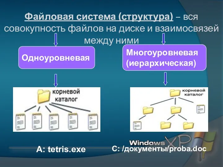 Файловая система (структура) – вся совокупность файлов на диске и