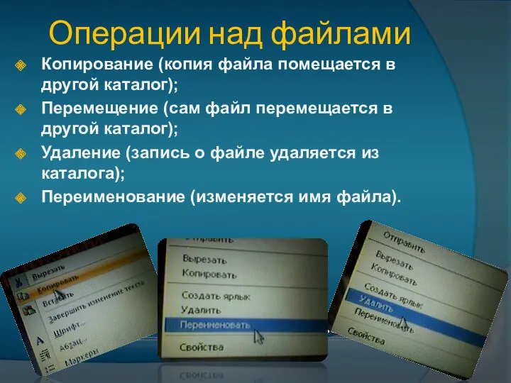 Операции над файлами Копирование (копия файла помещается в другой каталог);