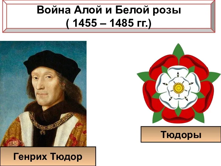 Война Алой и Белой розы ( 1455 – 1485 гг.) Тюдоры Генрих Тюдор
