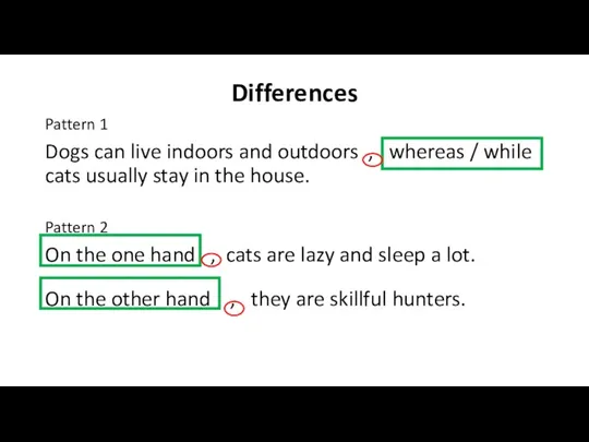 Differences Pattern 1 Dogs can live indoors and outdoors ,