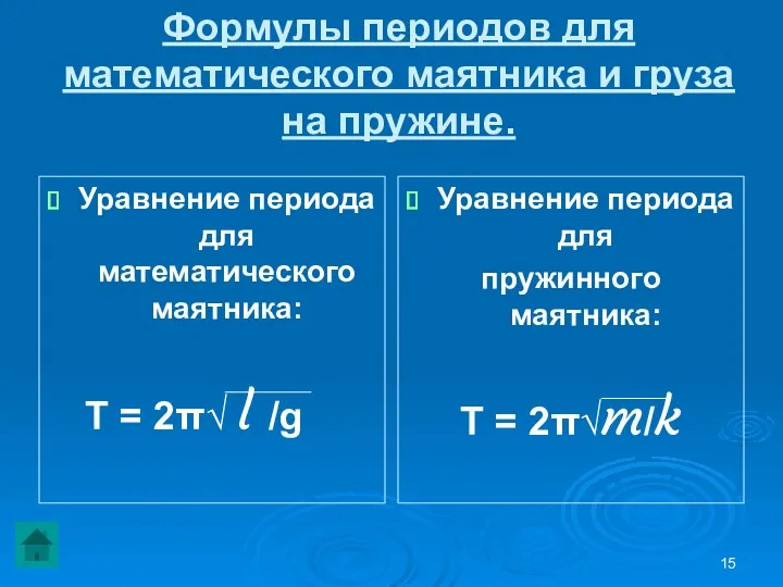 Формулы периодов для математического маятника и груза на пружине. Уравнение периода для математического