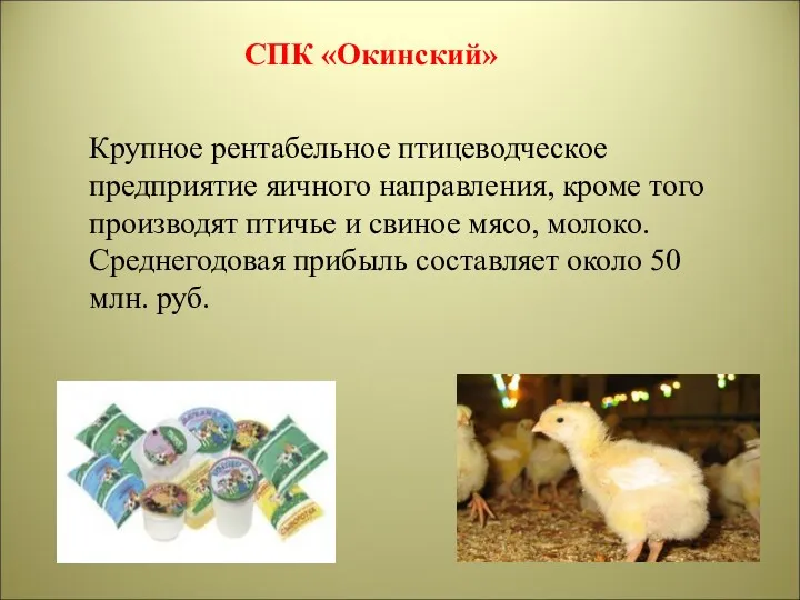 СПК «Окинский» Крупное рентабельное птицеводческое предприятие яичного направления, кроме того