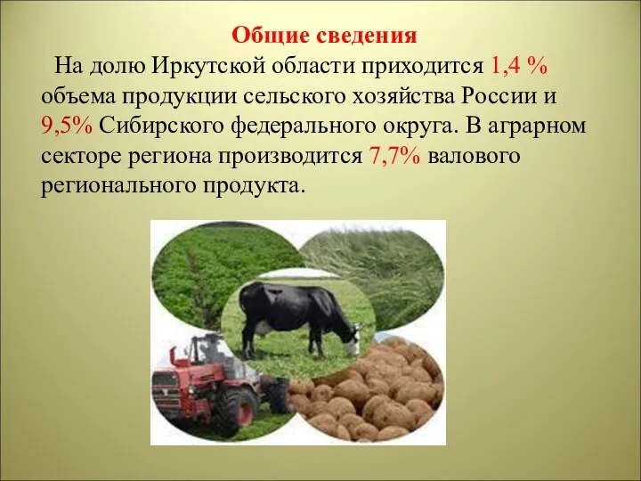 Общие сведения На долю Иркутской области приходится 1,4 % объема
