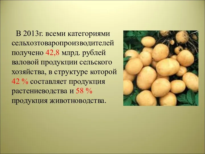 В 2013г. всеми категориями сельхозтоваропроизводителей получено 42,8 млрд. рублей валовой