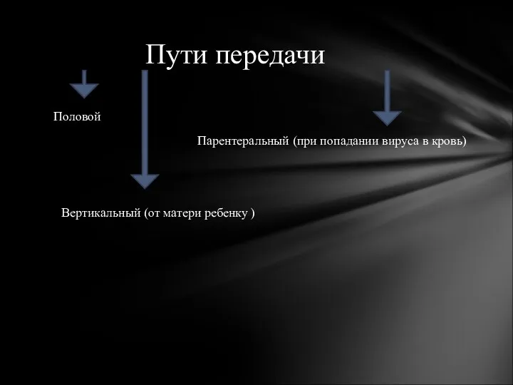 Половой Парентеральный (при попадании вируса в кровь) Вертикальный (от матери ребенку ) Пути передачи