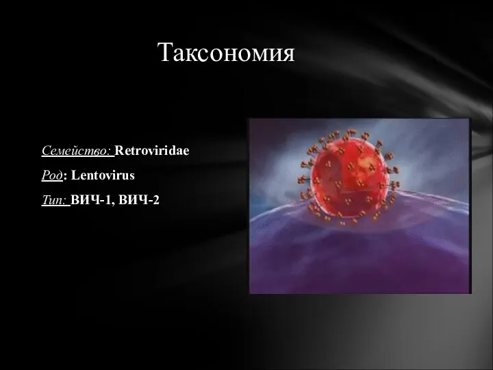 Семейство: Retroviridae Род: Lentovirus Тип: ВИЧ-1, ВИЧ-2 Таксономия