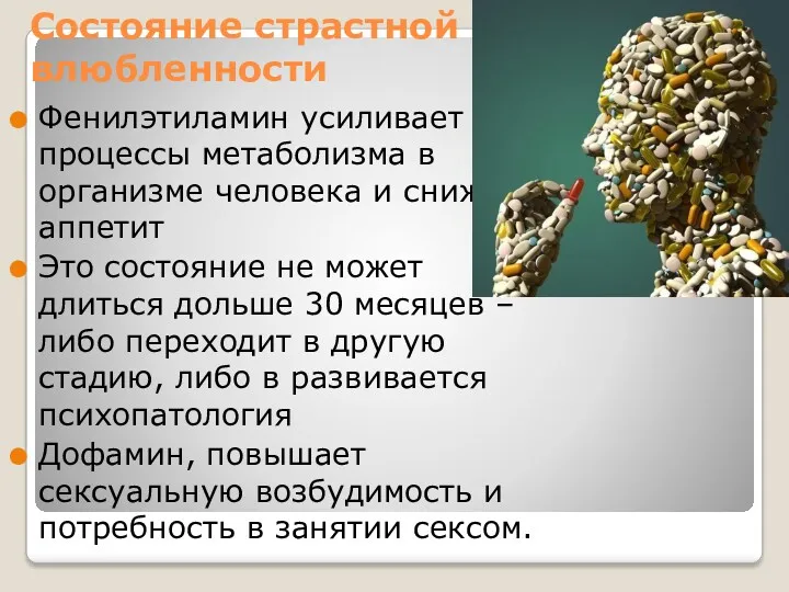 Состояние страстной влюбленности Фенилэтиламин усиливает процессы метаболизма в организме человека