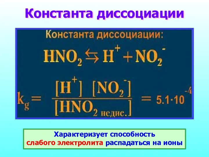 Константа диссоциации Характеризует способность слабого электролита распадаться на ионы