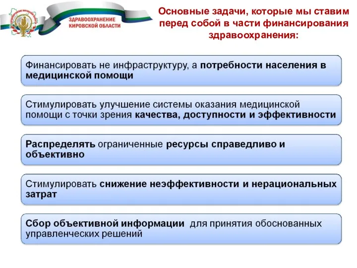 Основные задачи, которые мы ставим перед собой в части финансирования здравоохранения: