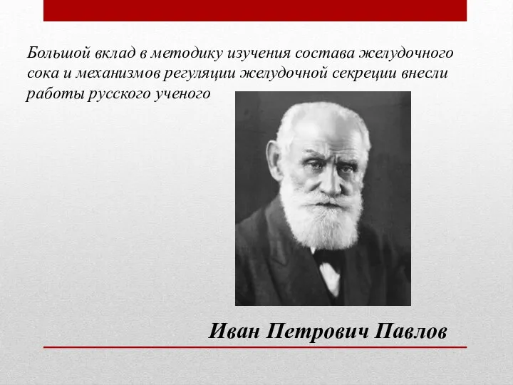 Иван Петрович Павлов Большой вклад в методику изучения состава желудочного