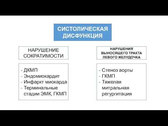 СИСТОЛИЧЕСКАЯ ДИСФУНКЦИЯ НАРУШЕНИЕ СОКРАТИМОСТИ НАРУШЕНИЯ ВЫНОСЯЩЕГО ТРАКТА ЛЕВОГО ЖЕЛУДОЧКА ДКМП Эндомиокардит Инфаркт миокарда