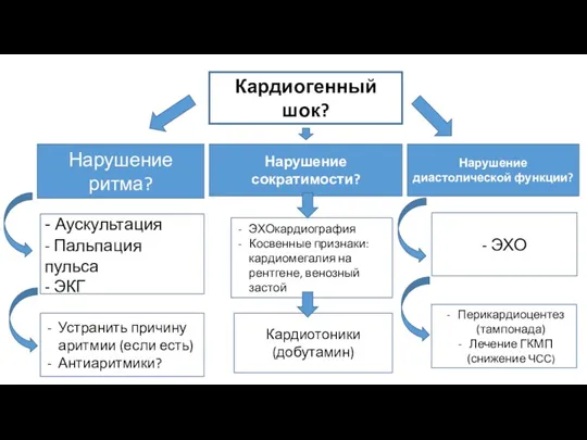 Кардиогенный шок? Нарушение ритма? Нарушение сократимости? Нарушение диастолической функции? - Аускультация - Пальпация