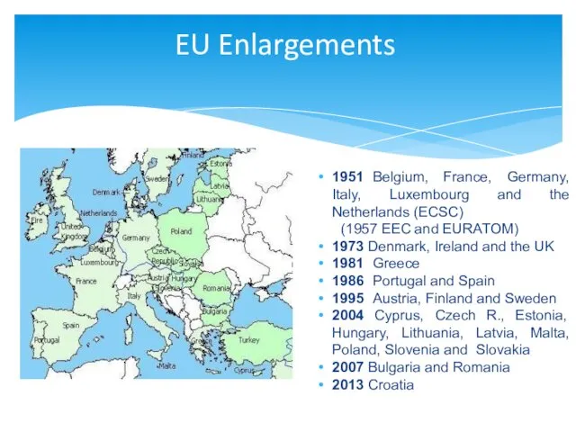 EU Enlargements 1951 Belgium, France, Germany, Italy, Luxembourg and the