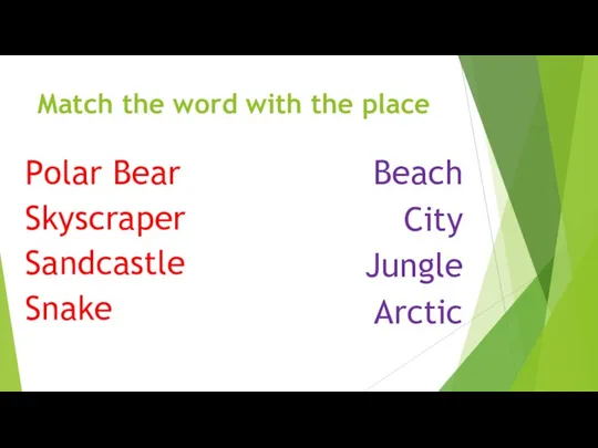 Match the word with the place Beach City Jungle Arctic Polar Bear Skyscraper Sandcastle Snake