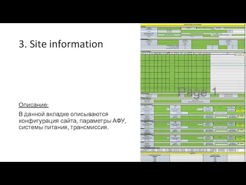 3. Site information Описание: В данной вкладке описываются конфигурация сайта, параметры АФУ, системы питания, трансмиссия.