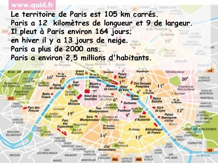 Le territoire de Paris est 105 km carrés. Paris a 12 kilomètres de