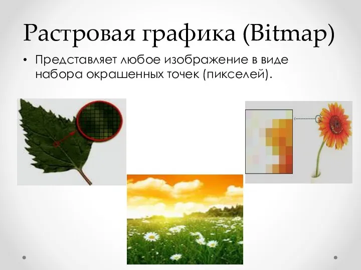 Растровая графика (Bitmap) Представляет любое изображение в виде набора окрашенных точек (пикселей).