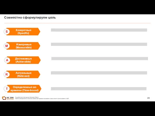 Совместно сформулируем цель Измеримые (Measurable) M Достижимые (Achievable) A Определенные