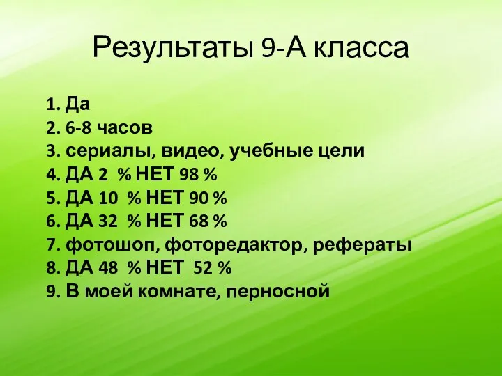 Результаты 9-А класса 1. Да 2. 6-8 часов 3. сериалы,