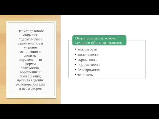 Этикет делового общения подразумевает уважительное и учтивое отношение к людям;