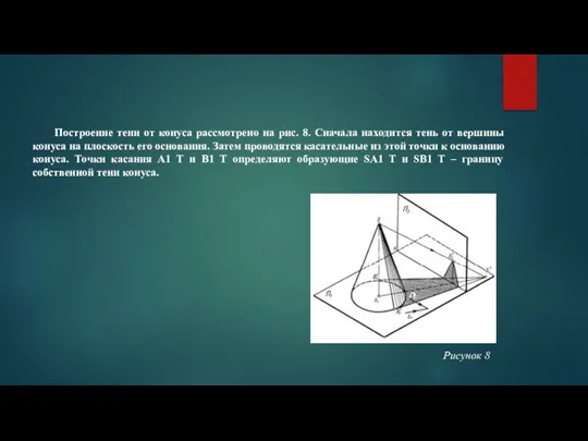 Построение тени от конуса рассмотрено на рис. 8. Сначала находится